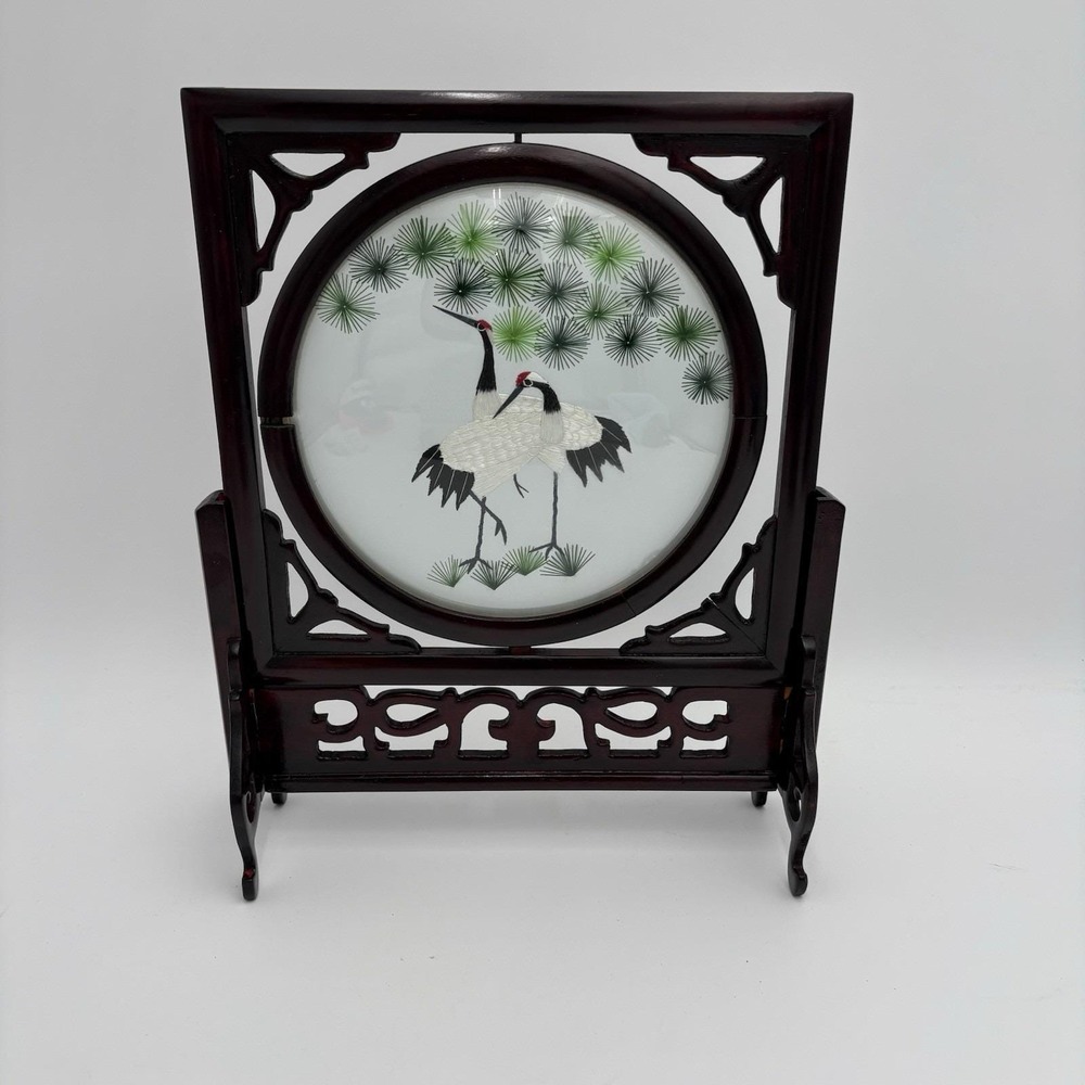 Chinese glass silk hand embroidered table screen w/mahogany stand Cranes Vtg Box